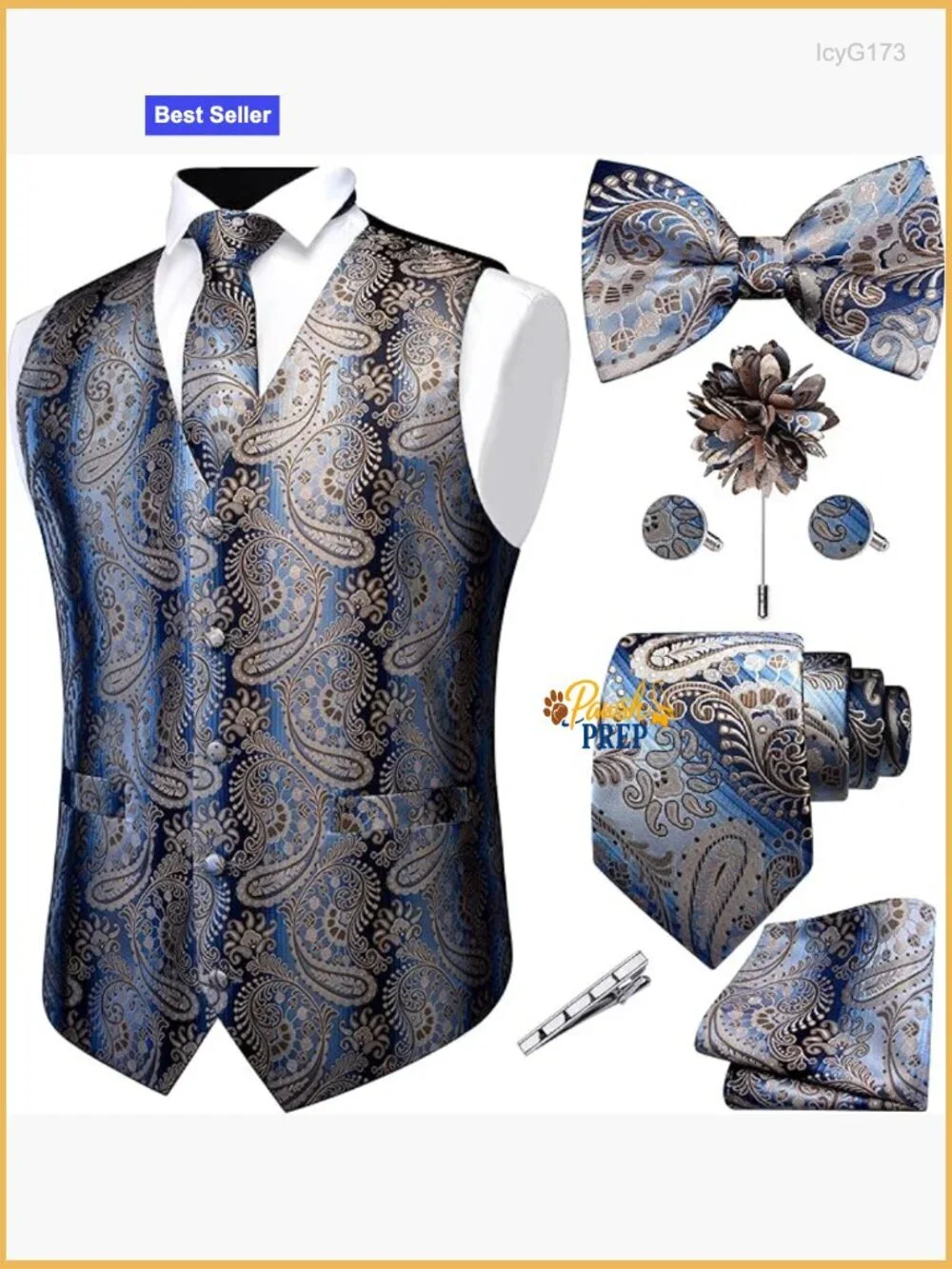 Men's Slim Fit Paisley Vest Set with Tie and Accessories for Wedding